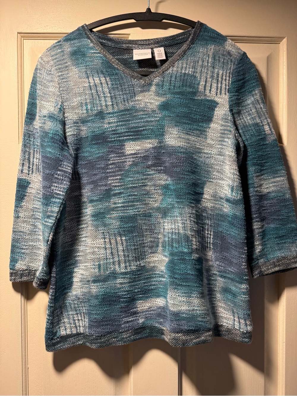 Chico’s Abstract Knit Sweater Blue Teal 3/4 Sleeve Medium